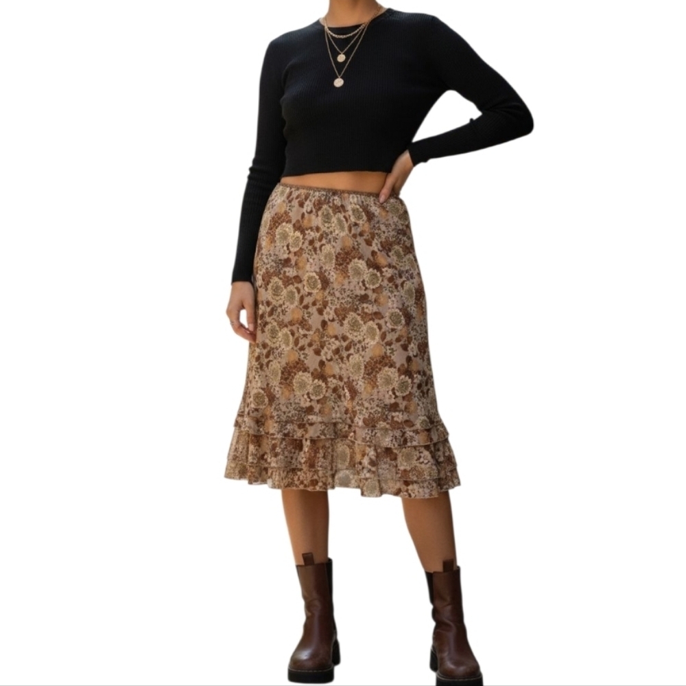 Vintage 90s Y2K Brown Floral Mesh Ruffle Midi Skirt